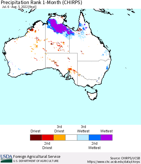Australia Precipitation Rank since 1981, 1-Month (CHIRPS) Thematic Map For 7/6/2022 - 8/5/2022