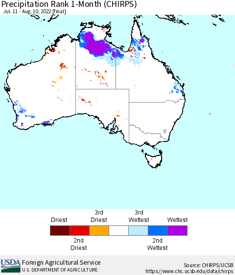 Australia Precipitation Rank since 1981, 1-Month (CHIRPS) Thematic Map For 7/11/2022 - 8/10/2022