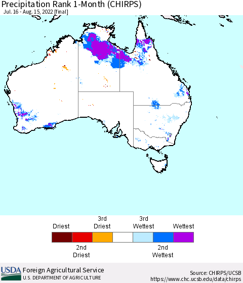 Australia Precipitation Rank since 1981, 1-Month (CHIRPS) Thematic Map For 7/16/2022 - 8/15/2022