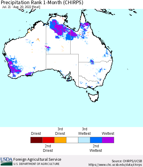 Australia Precipitation Rank since 1981, 1-Month (CHIRPS) Thematic Map For 7/21/2022 - 8/20/2022