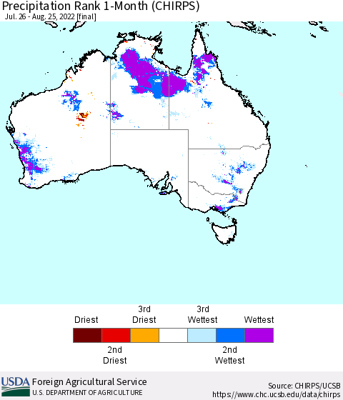 Australia Precipitation Rank since 1981, 1-Month (CHIRPS) Thematic Map For 7/26/2022 - 8/25/2022