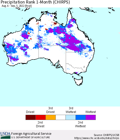 Australia Precipitation Rank since 1981, 1-Month (CHIRPS) Thematic Map For 8/6/2022 - 9/5/2022