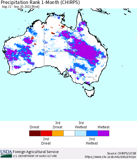 Australia Precipitation Rank since 1981, 1-Month (CHIRPS) Thematic Map For 8/11/2022 - 9/10/2022