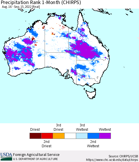 Australia Precipitation Rank since 1981, 1-Month (CHIRPS) Thematic Map For 8/16/2022 - 9/15/2022