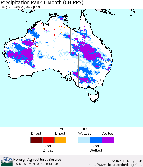 Australia Precipitation Rank since 1981, 1-Month (CHIRPS) Thematic Map For 8/21/2022 - 9/20/2022