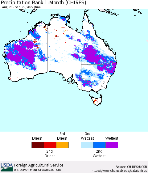 Australia Precipitation Rank since 1981, 1-Month (CHIRPS) Thematic Map For 8/26/2022 - 9/25/2022