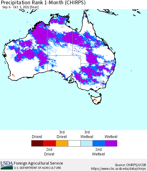 Australia Precipitation Rank since 1981, 1-Month (CHIRPS) Thematic Map For 9/6/2022 - 10/5/2022