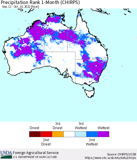 Australia Precipitation Rank since 1981, 1-Month (CHIRPS) Thematic Map For 9/11/2022 - 10/10/2022