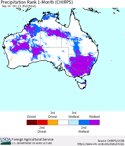 Australia Precipitation Rank since 1981, 1-Month (CHIRPS) Thematic Map For 9/16/2022 - 10/15/2022