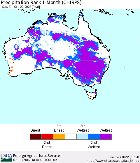 Australia Precipitation Rank since 1981, 1-Month (CHIRPS) Thematic Map For 9/21/2022 - 10/20/2022
