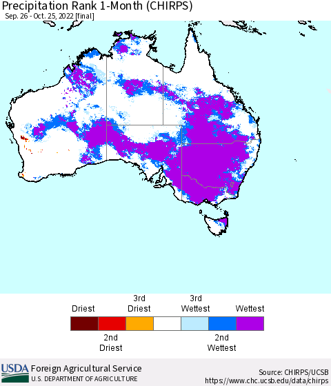 Australia Precipitation Rank since 1981, 1-Month (CHIRPS) Thematic Map For 9/26/2022 - 10/25/2022