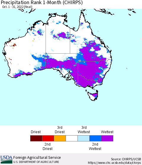 Australia Precipitation Rank since 1981, 1-Month (CHIRPS) Thematic Map For 10/1/2022 - 10/31/2022