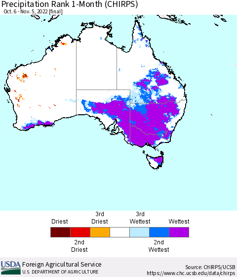 Australia Precipitation Rank since 1981, 1-Month (CHIRPS) Thematic Map For 10/6/2022 - 11/5/2022
