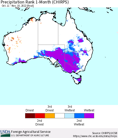 Australia Precipitation Rank since 1981, 1-Month (CHIRPS) Thematic Map For 10/11/2022 - 11/10/2022