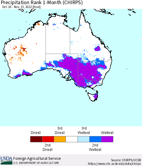 Australia Precipitation Rank since 1981, 1-Month (CHIRPS) Thematic Map For 10/16/2022 - 11/15/2022