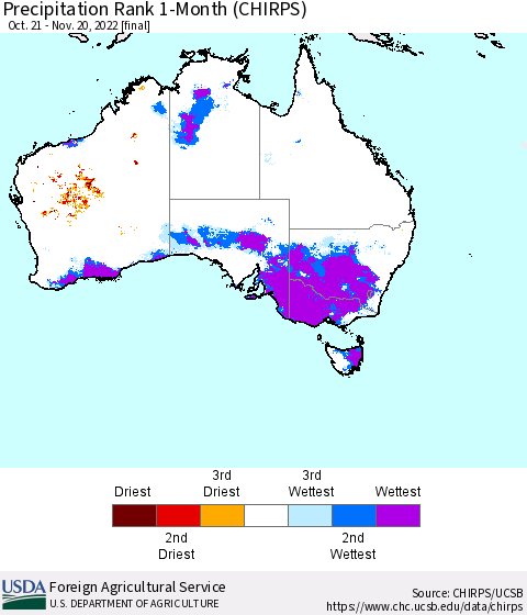 Australia Precipitation Rank since 1981, 1-Month (CHIRPS) Thematic Map For 10/21/2022 - 11/20/2022