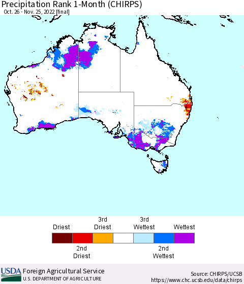 Australia Precipitation Rank since 1981, 1-Month (CHIRPS) Thematic Map For 10/26/2022 - 11/25/2022