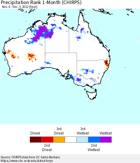 Australia Precipitation Rank since 1981, 1-Month (CHIRPS) Thematic Map For 11/6/2022 - 12/5/2022