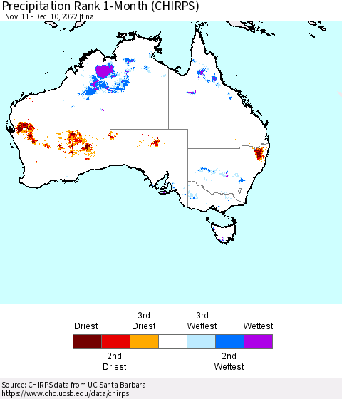 Australia Precipitation Rank since 1981, 1-Month (CHIRPS) Thematic Map For 11/11/2022 - 12/10/2022