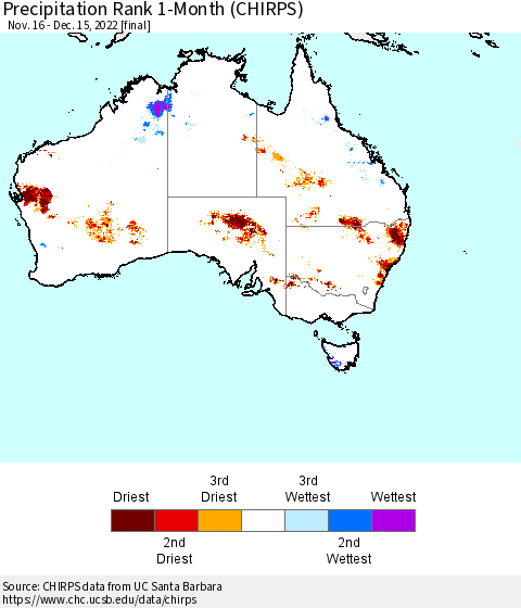 Australia Precipitation Rank since 1981, 1-Month (CHIRPS) Thematic Map For 11/16/2022 - 12/15/2022