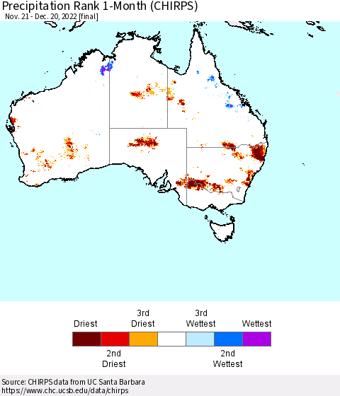 Australia Precipitation Rank since 1981, 1-Month (CHIRPS) Thematic Map For 11/21/2022 - 12/20/2022