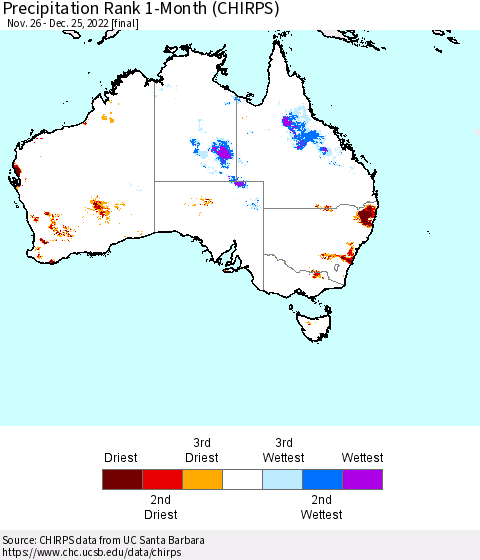 Australia Precipitation Rank since 1981, 1-Month (CHIRPS) Thematic Map For 11/26/2022 - 12/25/2022