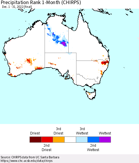 Australia Precipitation Rank since 1981, 1-Month (CHIRPS) Thematic Map For 12/1/2022 - 12/31/2022