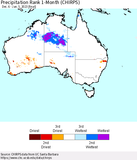 Australia Precipitation Rank since 1981, 1-Month (CHIRPS) Thematic Map For 12/6/2022 - 1/5/2023