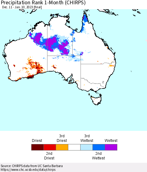 Australia Precipitation Rank since 1981, 1-Month (CHIRPS) Thematic Map For 12/11/2022 - 1/10/2023