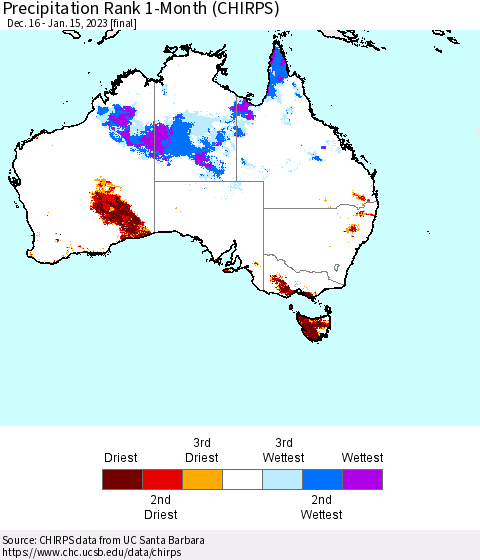 Australia Precipitation Rank since 1981, 1-Month (CHIRPS) Thematic Map For 12/16/2022 - 1/15/2023
