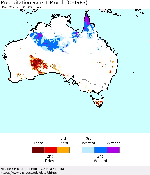 Australia Precipitation Rank since 1981, 1-Month (CHIRPS) Thematic Map For 12/21/2022 - 1/20/2023