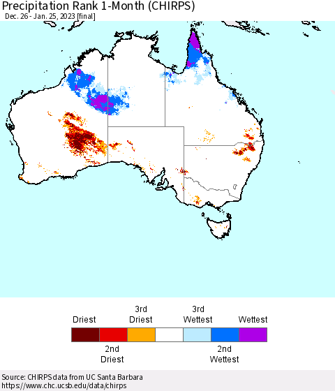 Australia Precipitation Rank since 1981, 1-Month (CHIRPS) Thematic Map For 12/26/2022 - 1/25/2023