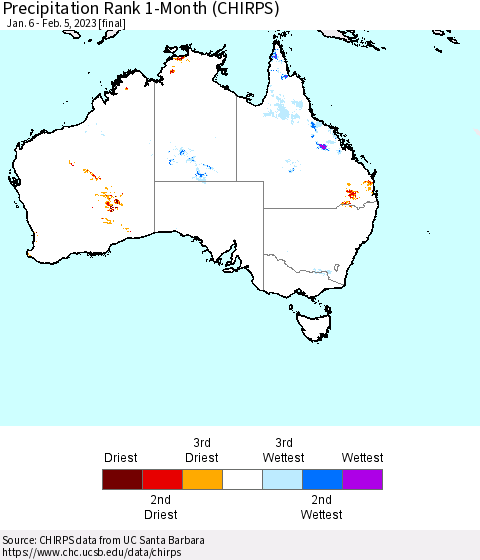 Australia Precipitation Rank since 1981, 1-Month (CHIRPS) Thematic Map For 1/6/2023 - 2/5/2023