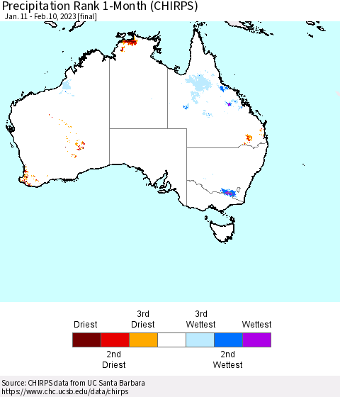 Australia Precipitation Rank since 1981, 1-Month (CHIRPS) Thematic Map For 1/11/2023 - 2/10/2023