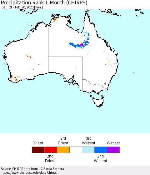 Australia Precipitation Rank since 1981, 1-Month (CHIRPS) Thematic Map For 1/21/2023 - 2/20/2023