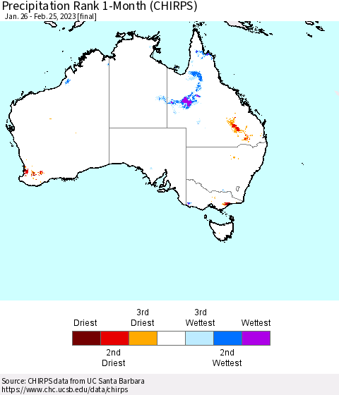 Australia Precipitation Rank since 1981, 1-Month (CHIRPS) Thematic Map For 1/26/2023 - 2/25/2023