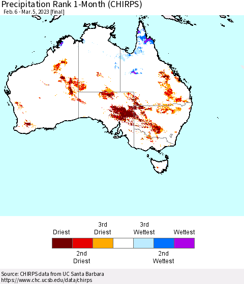 Australia Precipitation Rank since 1981, 1-Month (CHIRPS) Thematic Map For 2/6/2023 - 3/5/2023