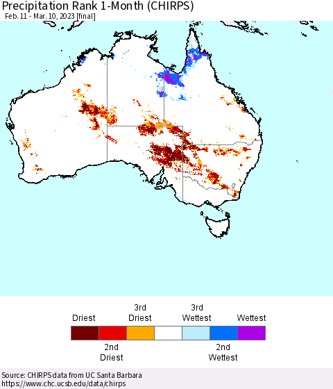Australia Precipitation Rank since 1981, 1-Month (CHIRPS) Thematic Map For 2/11/2023 - 3/10/2023