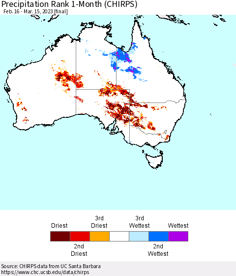 Australia Precipitation Rank since 1981, 1-Month (CHIRPS) Thematic Map For 2/16/2023 - 3/15/2023