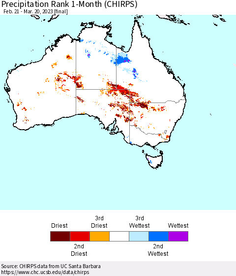 Australia Precipitation Rank since 1981, 1-Month (CHIRPS) Thematic Map For 2/21/2023 - 3/20/2023