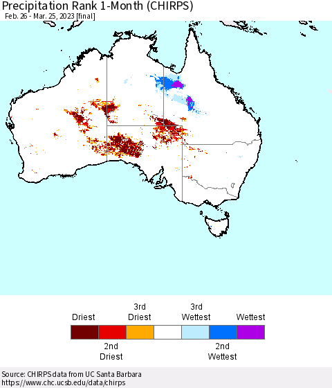 Australia Precipitation Rank since 1981, 1-Month (CHIRPS) Thematic Map For 2/26/2023 - 3/25/2023