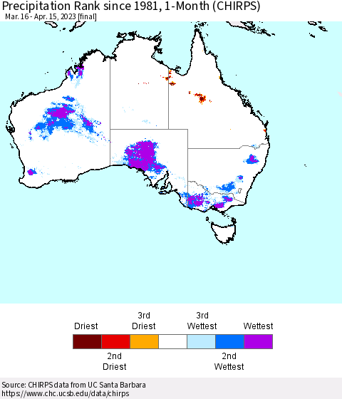 Australia Precipitation Rank since 1981, 1-Month (CHIRPS) Thematic Map For 3/16/2023 - 4/15/2023