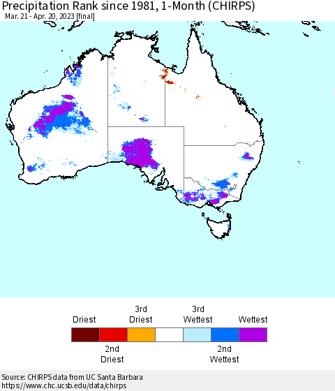 Australia Precipitation Rank since 1981, 1-Month (CHIRPS) Thematic Map For 3/21/2023 - 4/20/2023