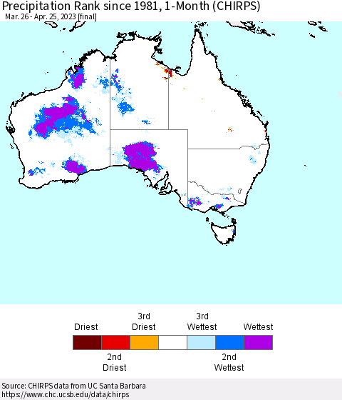Australia Precipitation Rank since 1981, 1-Month (CHIRPS) Thematic Map For 3/26/2023 - 4/25/2023