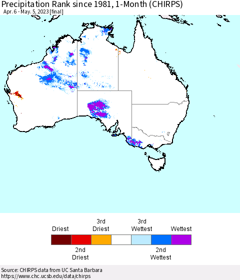 Australia Precipitation Rank since 1981, 1-Month (CHIRPS) Thematic Map For 4/6/2023 - 5/5/2023