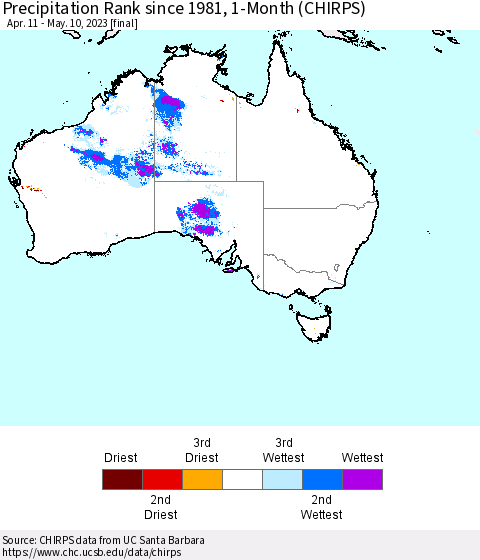 Australia Precipitation Rank since 1981, 1-Month (CHIRPS) Thematic Map For 4/11/2023 - 5/10/2023