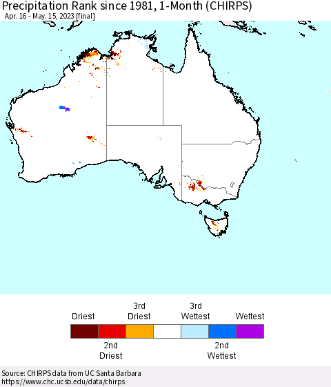 Australia Precipitation Rank since 1981, 1-Month (CHIRPS) Thematic Map For 4/16/2023 - 5/15/2023