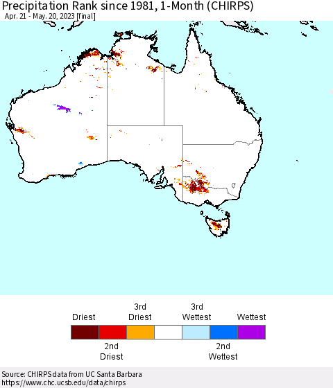 Australia Precipitation Rank since 1981, 1-Month (CHIRPS) Thematic Map For 4/21/2023 - 5/20/2023