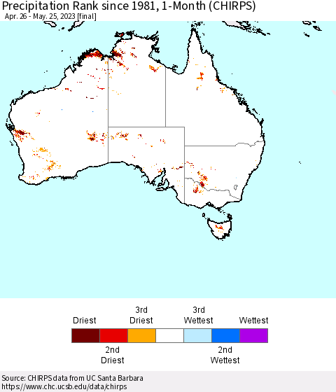 Australia Precipitation Rank since 1981, 1-Month (CHIRPS) Thematic Map For 4/26/2023 - 5/25/2023