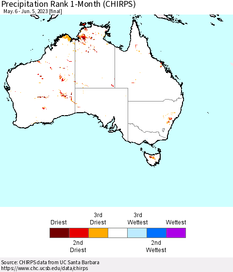 Australia Precipitation Rank since 1981, 1-Month (CHIRPS) Thematic Map For 5/6/2023 - 6/5/2023